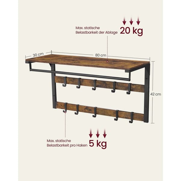 Väggrockställ - med hyllan - 10 löstagbara krokar - vintage brun -svart