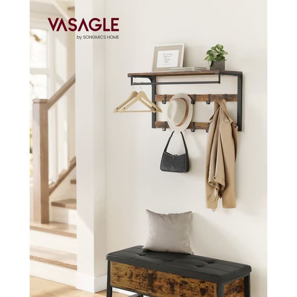 Väggrockställ - med hyllan - 10 löstagbara krokar - vintage brun -svart