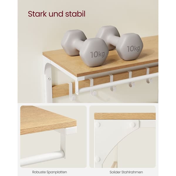 Vægcoat rack-med hylde-10 aftagelige kroge-eg-hvide