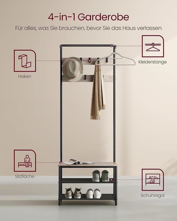 Takkiteline - 9 koukulla - 32,2 x 64 x 180 - Vintage Brown -musta
