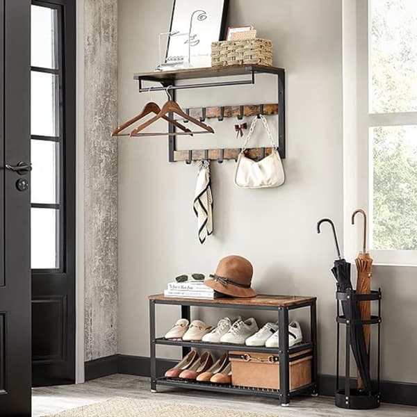 Vægcoat rack-med metal ramme-vintage brun-zwart
