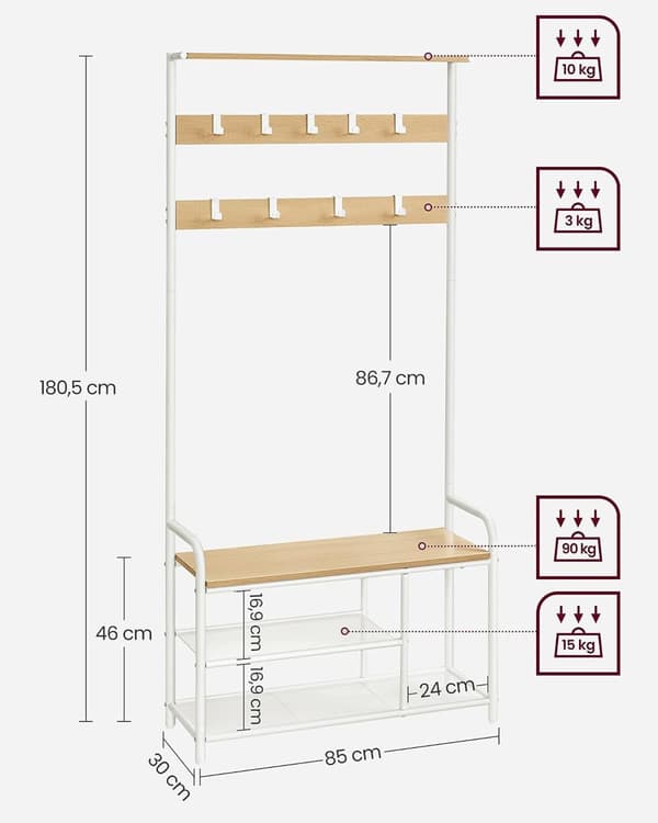 Takki teline 9 koukkua-30 x 85 x 180,5 cm-oak-white