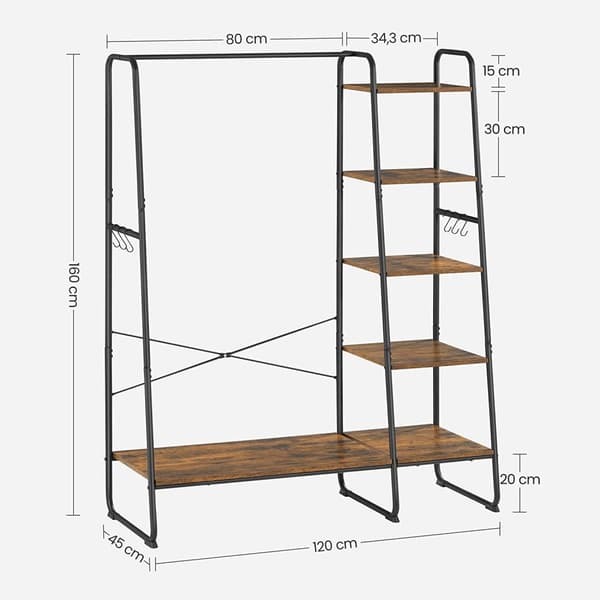 Coat Rack - 5 niveauer - med skostativ - 6 kroge - tøjstang - Industriel design - 45 x 120 x 160 cm