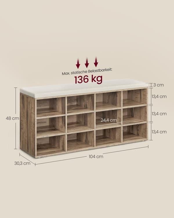 Kenkäteline istuimilla - 30,3 × 104 × 48 cm - kameli ruskea