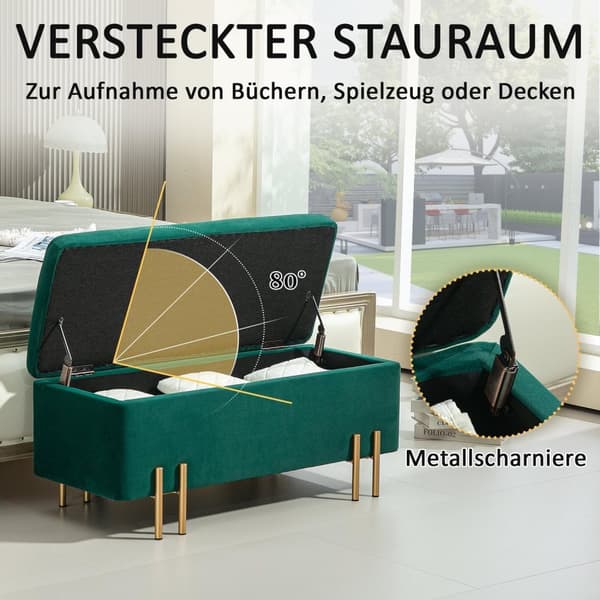 Rootzin verhoiltu säilytyspenkki - Bed Bench - Jalantuki - Piilotettu säilytys - 100 x 40 x 42 cm - vihreä samettipinta