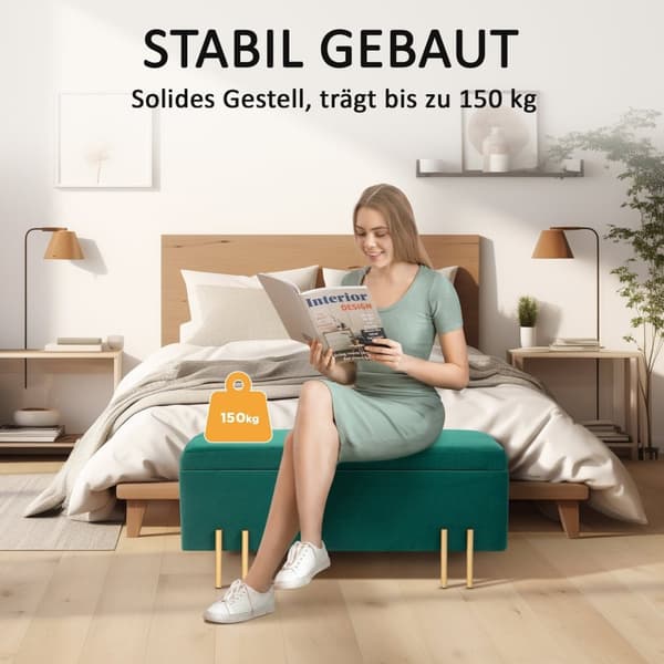 Rootzin verhoiltu säilytyspenkki - Bed Bench - Jalantuki - Piilotettu säilytys - 100 x 40 x 42 cm - vihreä samettipinta