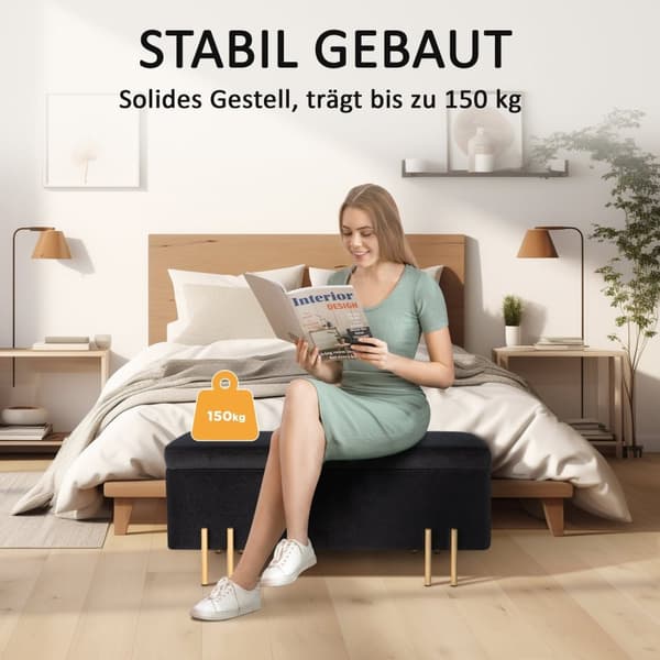 Rootz polstret bænk - Opbevaringsbænk - Sengbænk - Ekstra opbevaring - 100 x 40 x 42 cm - Sort