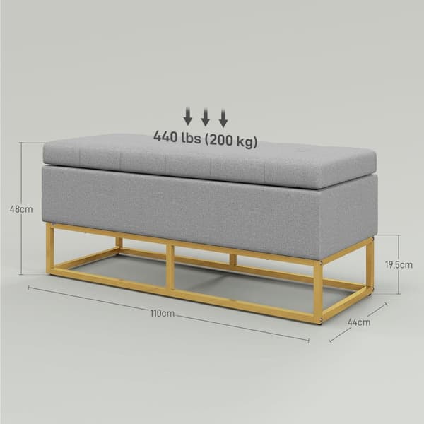 Rootz -bänk med förvaring - Uppbyggd säte - Stålbenmöbler - Rymdeffektivt - 110 cm x 44 cm x 48 cm - Grå och guld