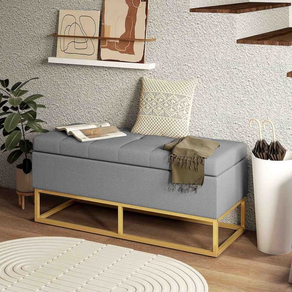 Rootz -bänk med förvaring - Uppbyggd säte - Stålbenmöbler - Rymdeffektivt - 110 cm x 44 cm x 48 cm - Grå och guld