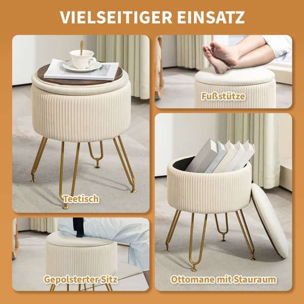 Rootz 2 i 1 opbevaring afføring - Fodstøtte - Sidebord - Rumbesparelse, 13,5L Opbevaring, fløjlsstof, Ø40 x 48H cm