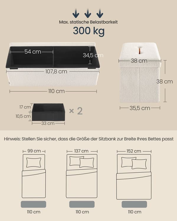 Säilytysjakkara, SONGMICS HOME, 38x110x38 cm, kermaisen valkoinen
