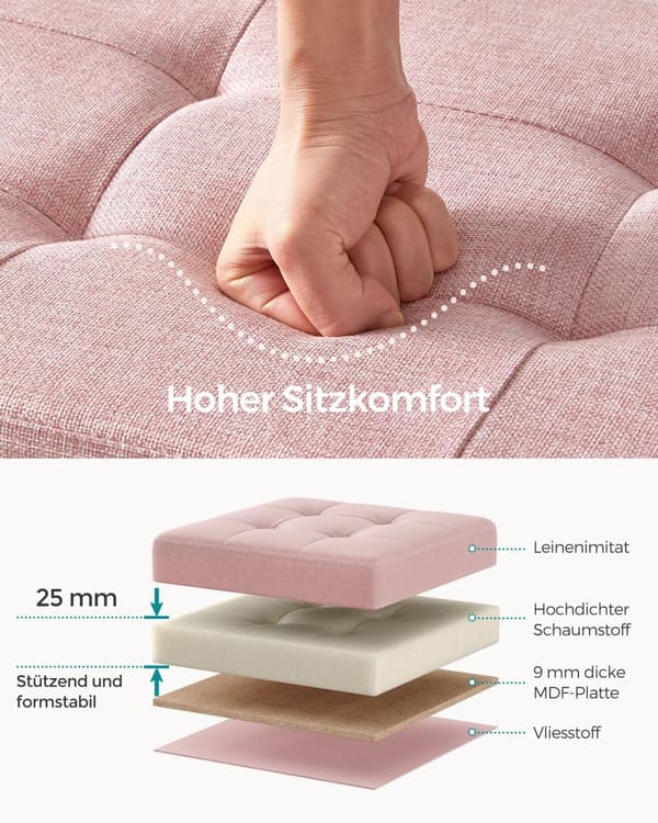 Sittbänk, SONGMICS, 110 x 38 x 38 cm, Pastellrosa