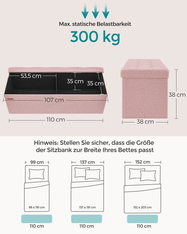 Sittbänk, SONGMICS, 110 x 38 x 38 cm, Pastellrosa