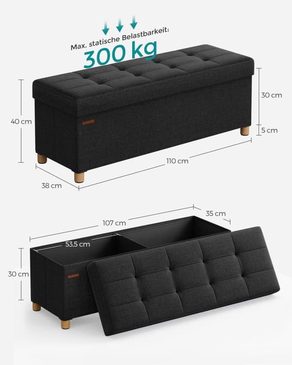Sitztruhe, SONGMICS, 38x110x40 cm, Sort