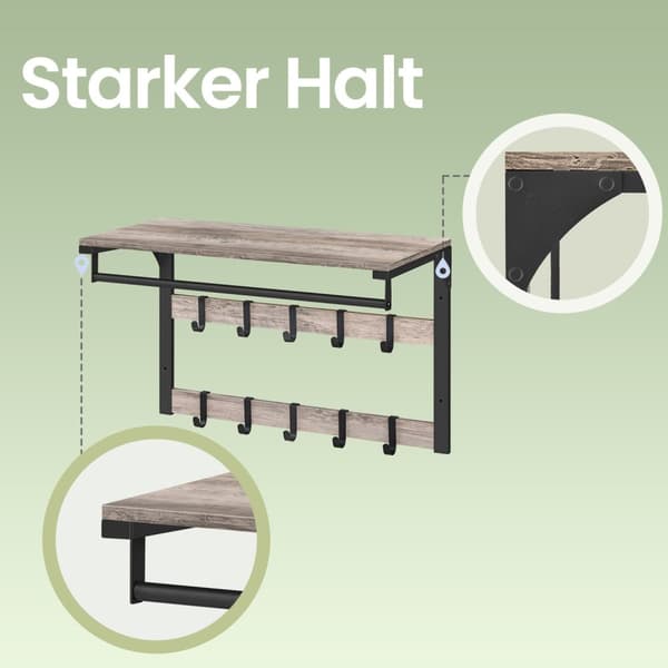 Wall Coat Rack - Med hylde og 10 aftagelige kroge, vægmontering