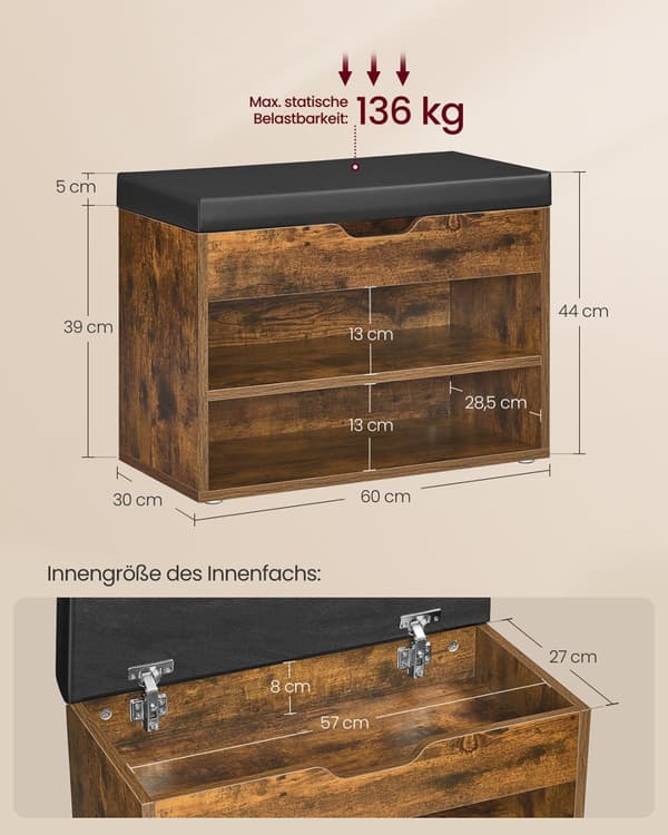 Skobænk med 3 niveauer - 30 x 60 x 44 cm - vintage brun
