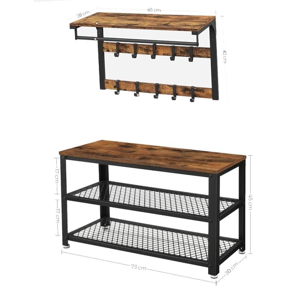 Wall Coat Rack & Shoe Bank Set-with Wall Shelf, Hooks og 3-Layer Shoe Rack