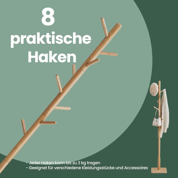 Solid træfrakke rack - Træformet jakkeholder - 8 kroge - Stående - Sort