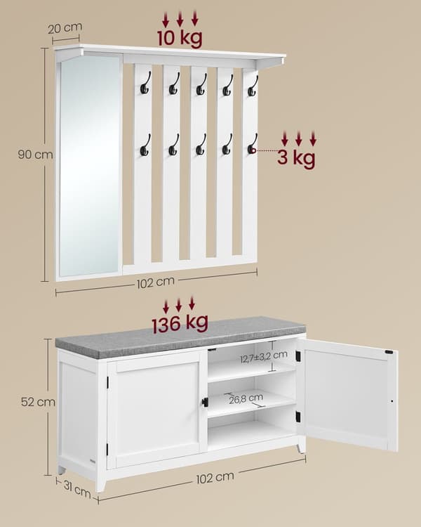 VASAGLE Skobänk Väggrock Rack Set, LSC010W01, 102x52 cm, Vit