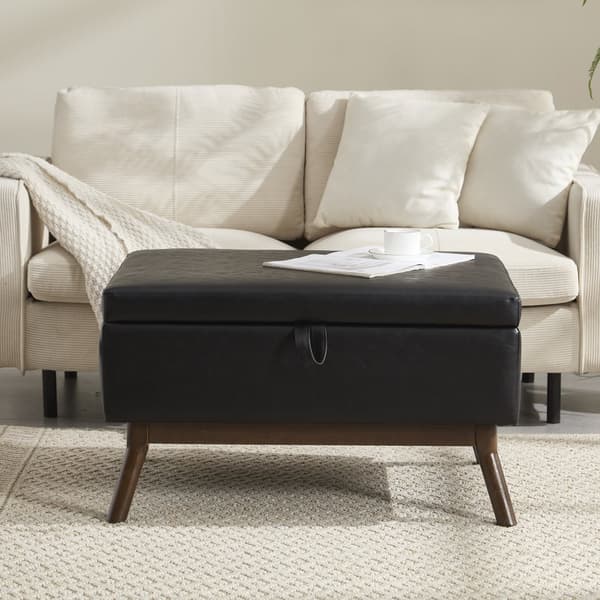 Förvaringsbänk i mid-century stil – Kvadratisk ottoman med lock, monterad, användbar som soffbord, fotpall eller skobänk