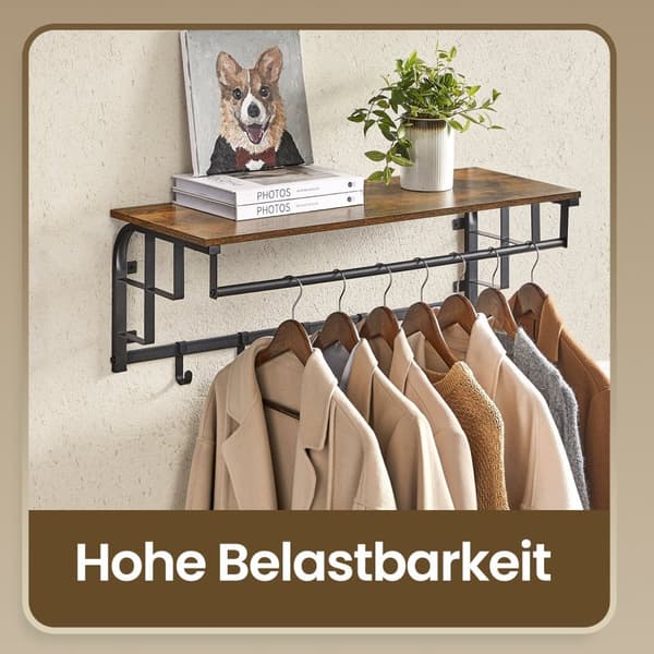 Wandkapstok met opbergplank, wandplank, hangplank met kledingroede