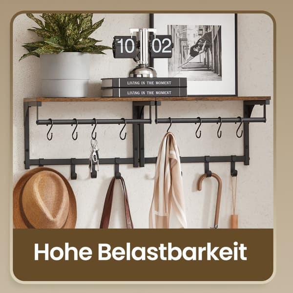 Wandkapstok, kapstok, met 8 haken en plank