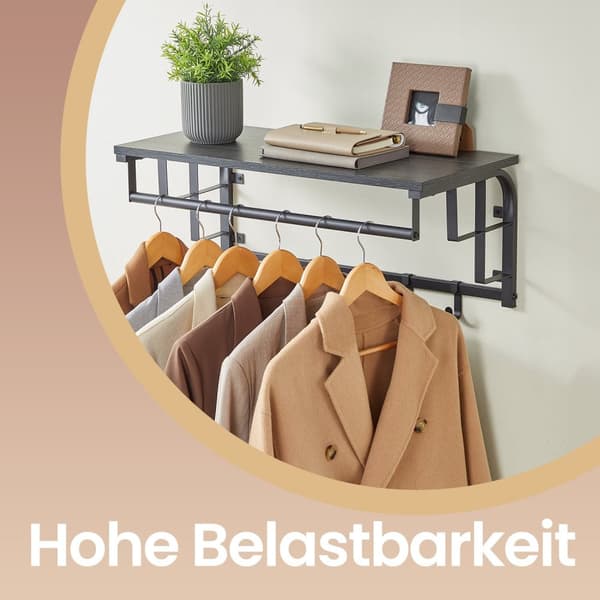 Väggrockställ med hylla, vägghylla, vägg hängande hylla med hängande bar