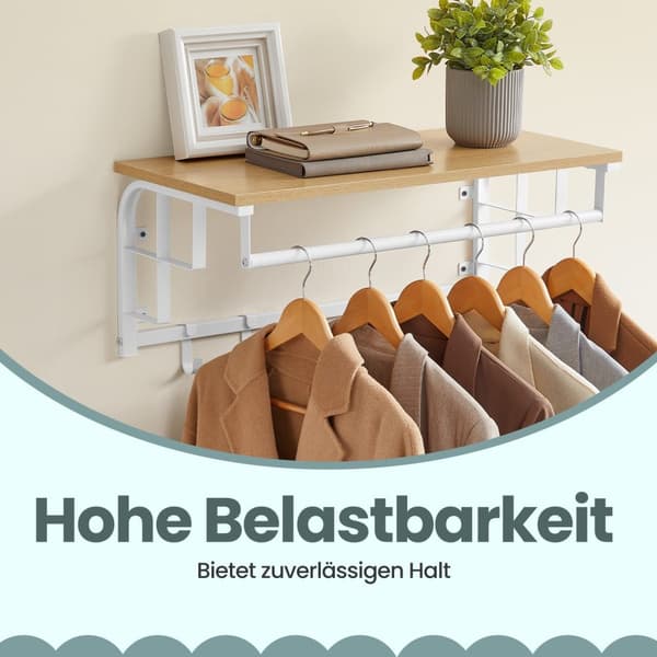 Vægcoatstativ med hylde, væg hylde, væg hængende hylde med hængende bar