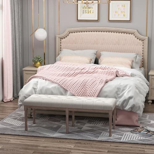 Beige stofbænk, loungeskammel, vintage, linned med knapper, velegnet til stuer og gange