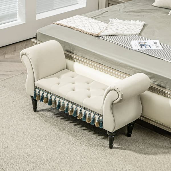 Beige Pehmustettu Makuuhuoneen Penkki käsinojilla, Vintage-muotoilu samettilookissa, Puiset jalat, Kantavuus 150kg