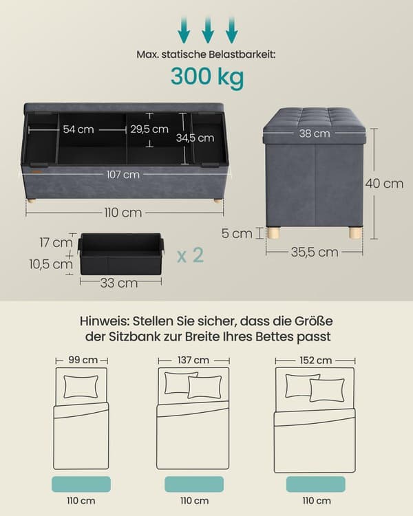 Bænk med opbevaringsplads, SONGMICS LSF0518W02, 38x110x40 cm, Skifergrå