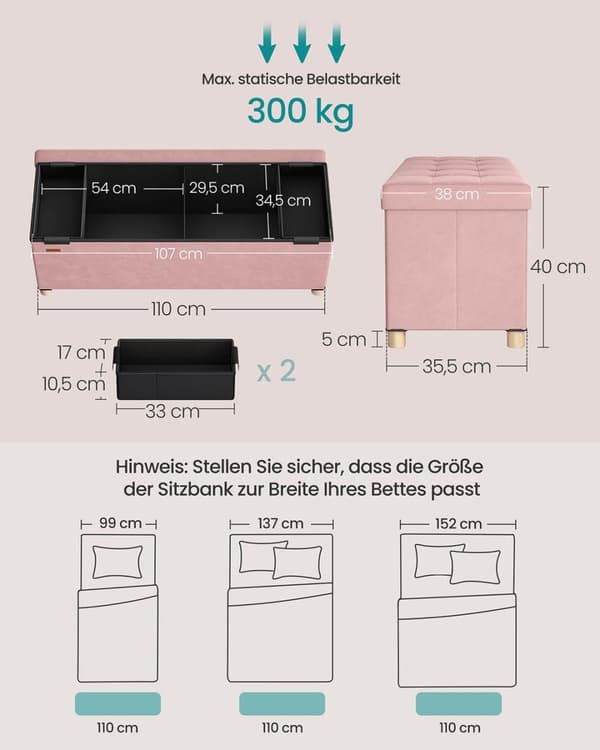 Förvaringsbänk, SONGMICS LSF0518W02, 38x110x40 cm, Pastellrosa