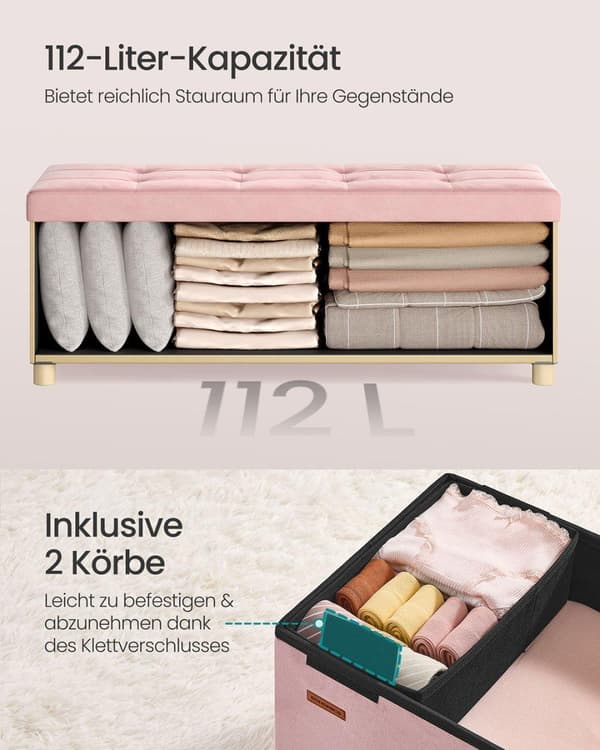 Förvaringsbänk, SONGMICS LSF0518W02, 38x110x40 cm, Pastellrosa