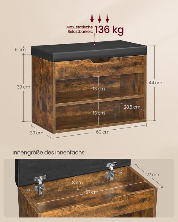 Kenkäteline, VASAGLE LHS020K01, 30x60x44 cm, luonnonbeige, ruskea