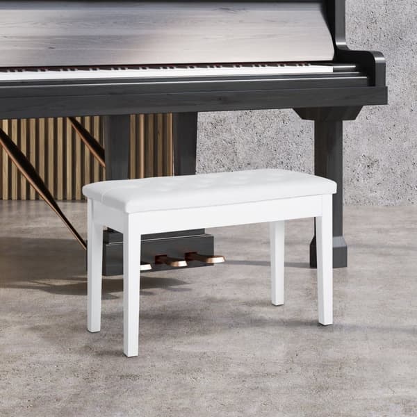 Pianobänk i lantlig stil med förvaring i gummiträ och konstläder, vit, för musikälskare