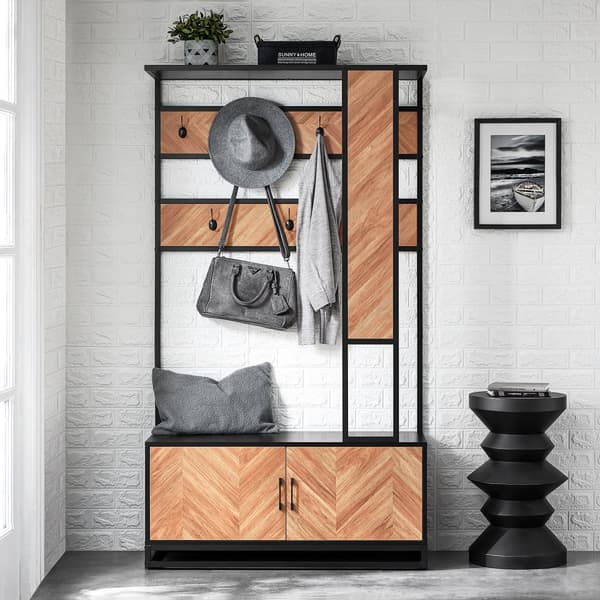 SoBuy Entrémøbel med bænk og garderobe - natur/sort, industrielt look FSR194-N