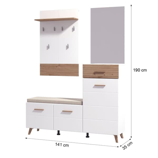 Garderobemøbel Sæt til Gang, 66.5x102x19.5 cm, 51x83x2 cm, 141x106.5x33 cm, Hvid