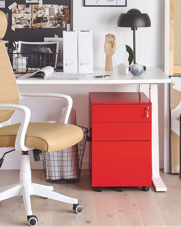 Laatikosto teräs punainen 39 x 60 x 50 cm muovi 3 laatikkoa pyörät lukittava moderni tyyli