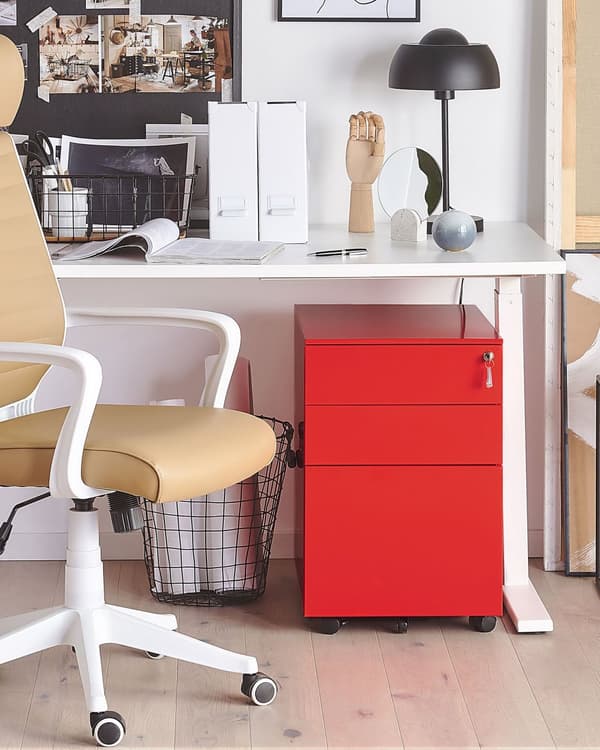 Laatikosto teräs punainen 39 x 60 x 50 cm muovi 3 laatikkoa pyörät lukittava moderni tyyli