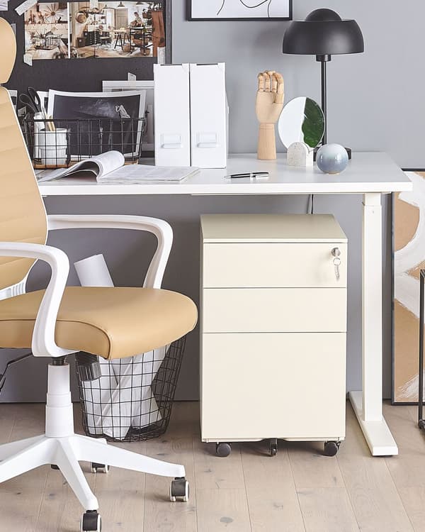 Förvaringsskåp Ljusbeige Stål 3 Lådor Nyckellås Hjul Industrikontor