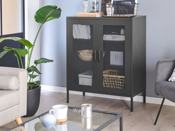 Senkki musta 80 x 102 x 40 cm teräs matta 2 ovea 3 hyllyä lattiasuoja teollinen