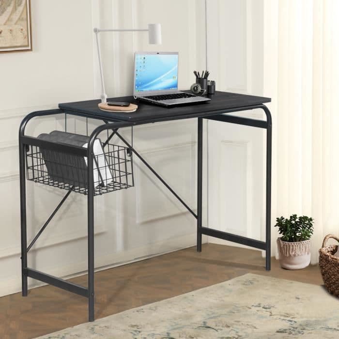URBAN MEUBLE Skrivbord i industriell stil i mörk valnöt med förvaringskorg Office Secretary 98*45*74,5 cm