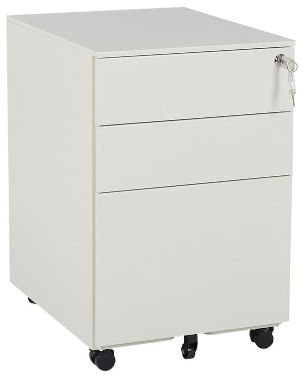 Arkivskab i Hvid Metal 60 x 39 x 50 cm med Hjul 3 Skuffer Dokument Opbevaring Kontor Metalskab til Hængemapper Nøglelås Industrielt Design