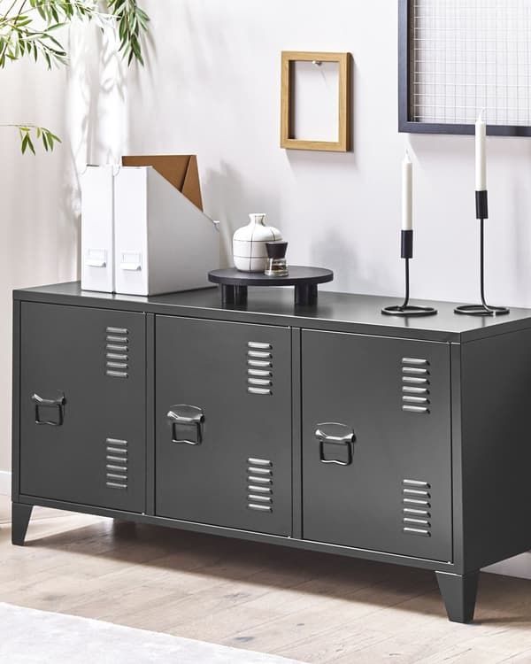 Skænk Sort Stål 120x40x60 cm Lav Metal Kommode med Justerbare Hylder Industrielt Opbevaring Dupper Kabelstyring TV Bord Kontor Møbel Design