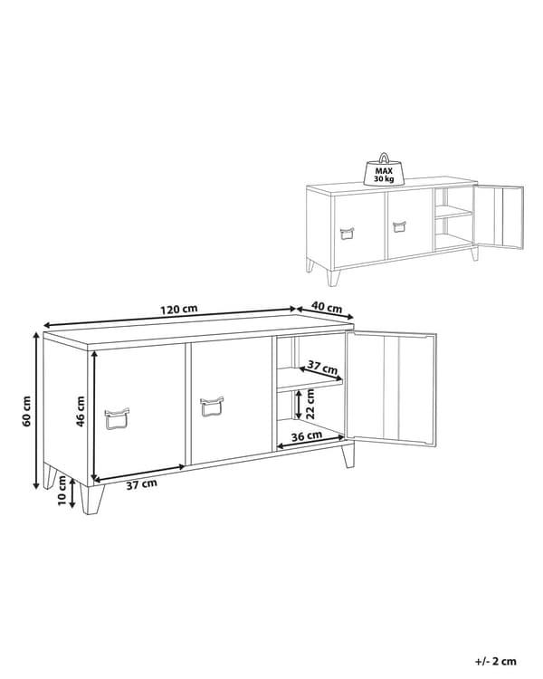 Skänk Svart Stål Justerbara hyllor 3 dörrar Ventilationsslots Kabelhantering TV-ställ Hemkontorsmöbler Industriell design
