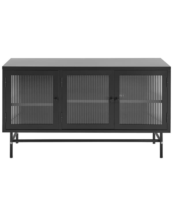 Vitriinikaappi musta teräs karkaistu lasi 115 x 35 x 64 cm siirreltävät neljä hyllyä kolme ovea moderni