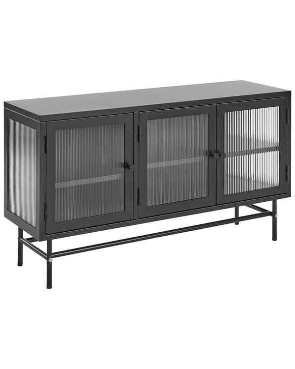 Vitriinikaappi musta teräs karkaistu lasi 115 x 35 x 64 cm siirreltävät neljä hyllyä kolme ovea moderni