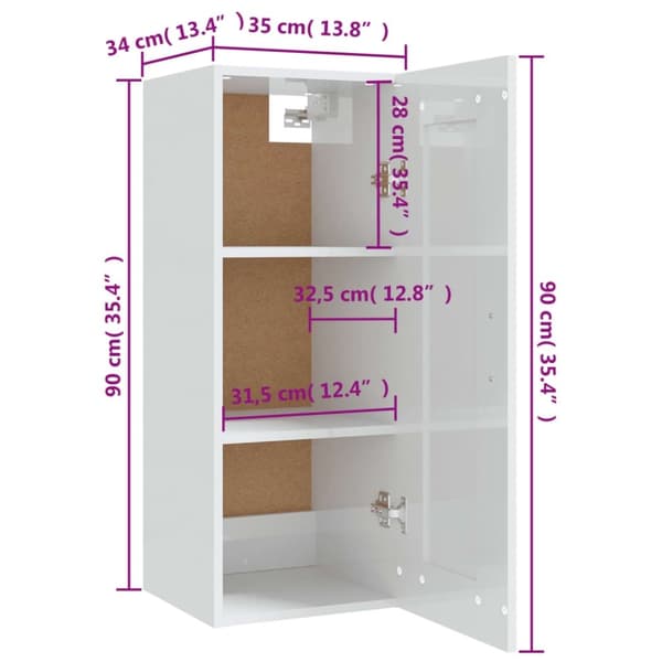 vidaXL Veggskap høyglans hvit 35x34x90 cm konstruert tre