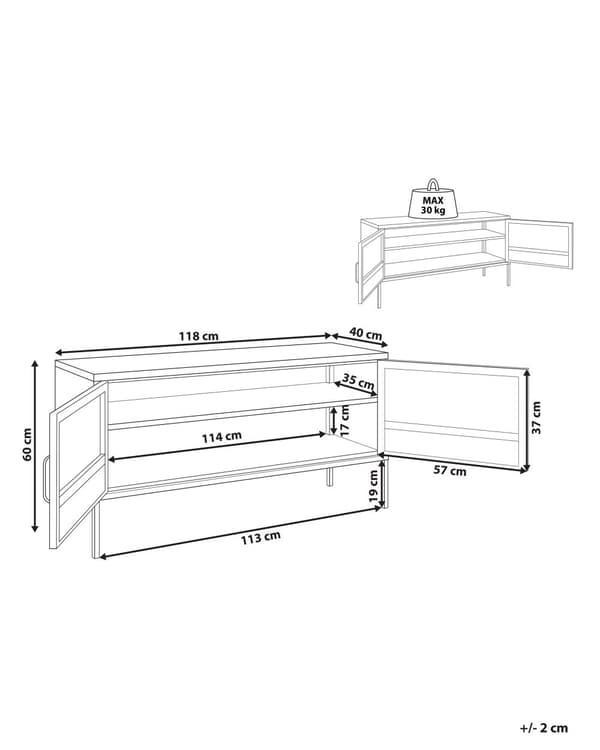 Skjenk Svart Stål Metall 118 x 40 cm Nettingdører Gulvbeskyttelse Kabelgjennomføring TV-benk Stue Kontor Industrielt design Moderne