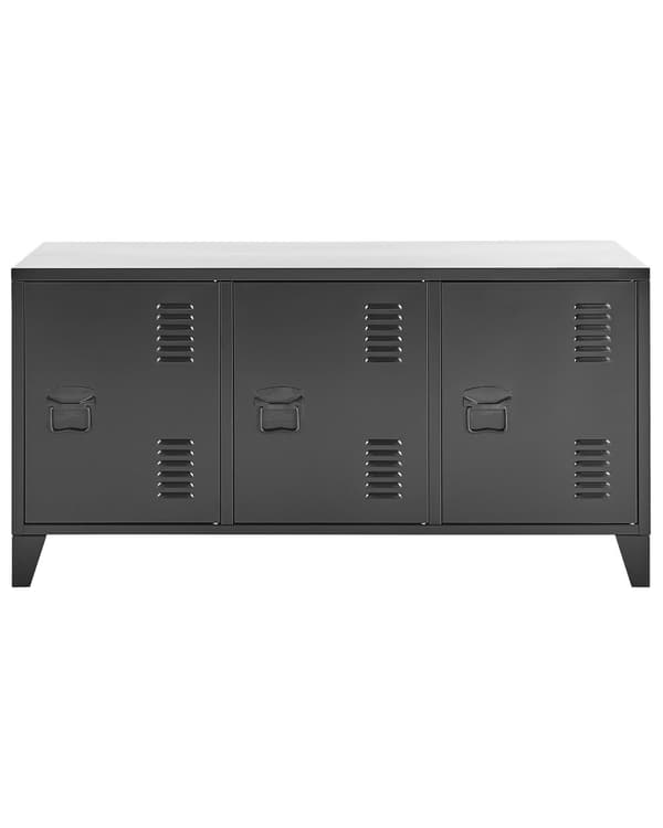 Skjenk Svart Stål 120 x 40 x 60 cm 2 justerbare hyller 3 dører Oppbevaring Kabelgjennomføring Stue Kontor Moderne Industriell